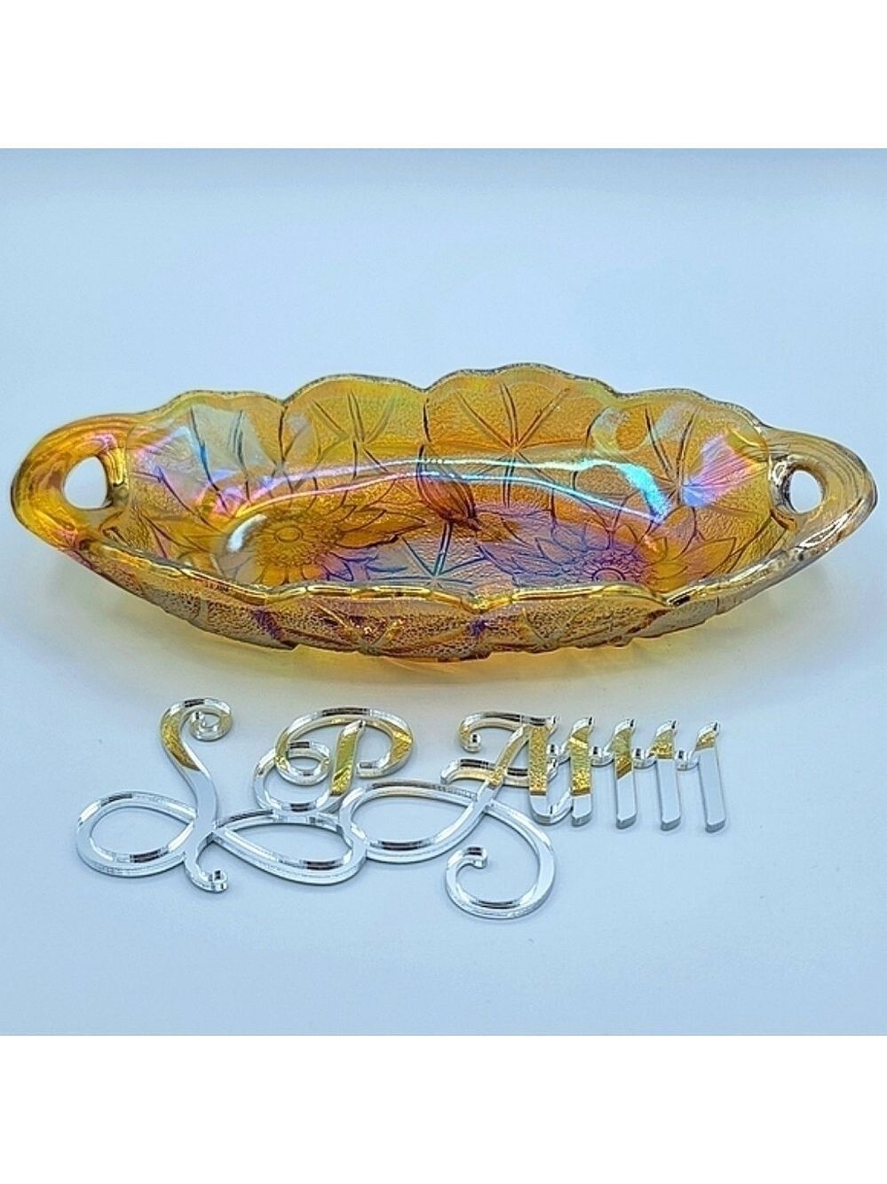 Vintage Carnival Glass Iridescent Marigold  Amber Oval Dish #934